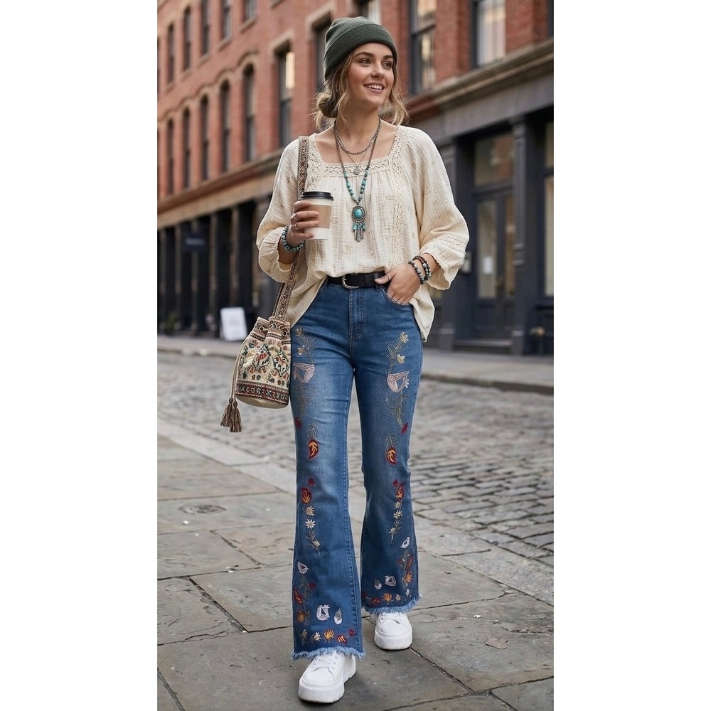 Womens Embroidered Floral Flare Jeans Medium Wash Frayed Hem Size M Boho Style